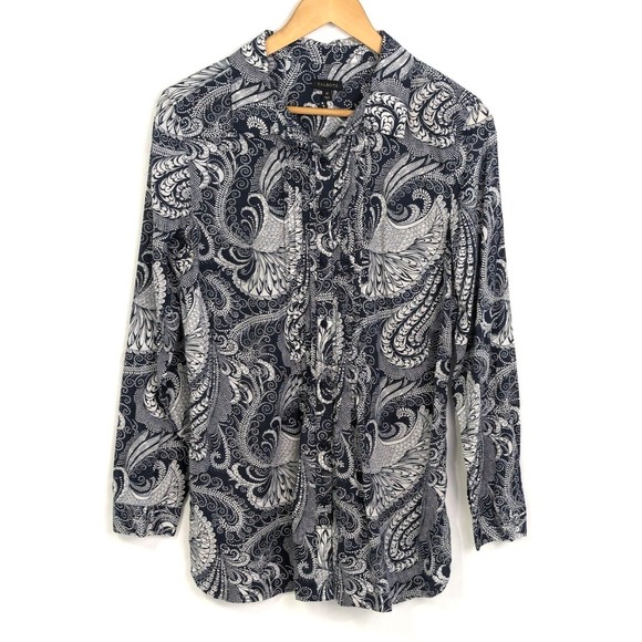 Talbots Womens Medium Navy Blue White Paisley Cotton Pleated Tunic Top Blouse - Picture 1 of 10